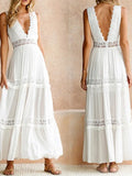 Lace Dresses Women Sexy Deep V Neck Long Dress Ladies Elegant Hollow Out Seleeveless Maxi Dress Boho Robe Femme 211-0-Outfit
