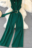 Vintage V-Neck Sleeveless High Waist Jumpsuits Women Elegant Loose Wide Leg Romper With Sashes Female Playsuits New