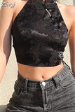 Chinese Style Elegant Jacquard Black Halter Top Backless Lace Up Bow Summer Tank Top Women Sexy Vest Gothic Crop