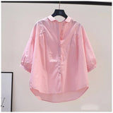 Fresh Art And Light Blue Cotton Shirt Women 7-Sleeve Casual Shirt 2025 Summer Temperament