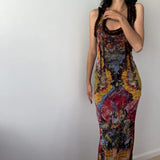 Zingj Ins Women's Summer 2023 New Fashion Vintage Tie-Dye Print Sexy U-Neck Slim Dress Long