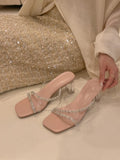 Summer New Transparent With Diamond Square Head Cool Slippers Female Pure Desire Crystal Thick With Fashion High With A
