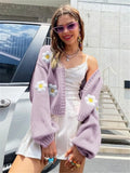 Women's Autumn New Sweet Flower Pattern Sweater Open Shirt Loose Short Knitted Women's