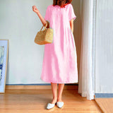 New Leisure Spring And Summer Loose Skirt Short Sleeve Round Neck Solid Cotton Linen