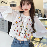 Women Print Casual Simple Hollow Out Teens Square Collar Daily Vintage Harajuku Crop Chic Comfortable College Loose