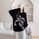 Zingj And Winter Imitation Mink Casual Loose Round Collar Sweater Jacket Women's Lazy Wind Printed Bow Soft Waxy Comfortable Sweater-Outfit
