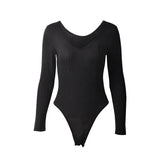 Zingj Women's Spring INS Wind Solid Color Dark V-Neck Stretch Long-Sleeve Top Bottom