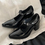 Mary Jane High Heels Retro With Pointed Single Shoes Women's Autumn And Winter Black Coarse Leather