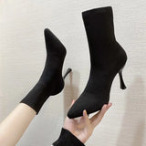 Net Red Thin Skinny Boots Knitted Elastic Boots Women's New Sharp Tips Sexy Fine And High Heel Short