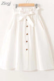 Women Casual Cotton Skirts 2023 Spring Summer Korean Style Solid Elegant High Waist Single-Breasted Bow Lace Up A-Line Midi