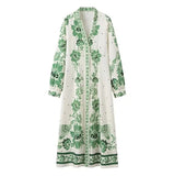 Women's Clothing Explosion Printing Loose Single Buckle V Collar Lantern Sleeve Holiday