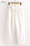 Spring Summer Bow Belt Solid Elastic High Waist Casual Harem Pants Korean Sweet Girls Ankle-Length Cotton Long
