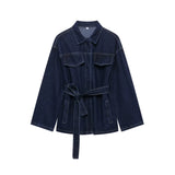 Retro Waist Strap With Belted Collared Denim Jacket Vintage Denim