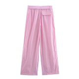 New Pink Shirt Suede Set Striped Three-Piece