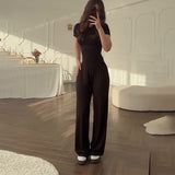 Summer New Women's Round Neck Solid Color Wide Leg Pants Temperament Commut Fashion