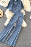 Women Three Pieces Set Elegant V-Neck Short Blouse + Strap Camis + Wide Leg Pants Suit Green/Red/Yellow Spring Fall