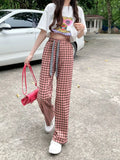 Streetwear Women Black and Pink Plaid Pants Harajuku Loose Pockets Wide Leg Pants Retro Lace Up Student Straight