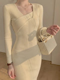 Women Wrap Slim Bodycon Dress Diagonal Collar Long Sleeve Sheath Knitwear Office Midi Dresses Female Autumn Winter