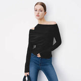 Women's Autumn New Fashion Sexy Solid Long-Sleeved Shoulder Double-Breasted T-Shirt