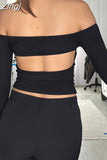 Women Slash Neck Off Shoulder T-shirts Crop Tops Long Sleeve Solid Backless Cutout Slim Fit Base T-Shirts