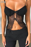 Women Tank Top Spaghetti Strap Camisoles Sleeveless V-Neck Lace Patchwork Front Split Vest Summer Y2K Streetwear