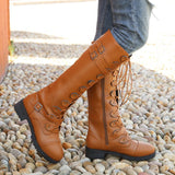 New Round Head High-Cvalry Knight Boots Belt Mouth Decoration Low-Heeling Women's Leather Boots Size