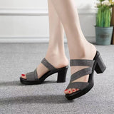High-Heeled Women's Shoes 2025 Summer New Word With Flash Powder Waterproof Table Sandals Fish Mouth Coarse And Cool Slippers