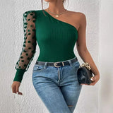 Zingj Women's 2024 New Inclined Shoulder Single Sleeve Wave Dot Mesh Splicing Long Sleeve Waist Show Thin Female Jacket