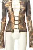 Spring Autumn O-Neck Hollow Out Shirt Long Sleeve Print Tops Sexy Navel-exposed Fashion Casual Clothes Women Blusas