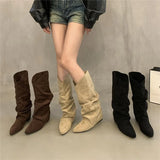 Heightening Apricot-Coled Velvet Pile Of Mid-Cvalry Knight Boots Women's Shoes 2025 Spring And Autumn Winter Pointed Retro Long-Singer Long