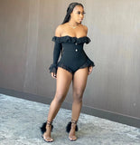 Sexy Solid Ruffle Slash Neck Jumpsuit Women Flare Long Sleeve Top Shorts Swimsuit New Mesh Patchwork Outfits For
