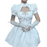 Autumn New Polo Collar Bubble Sleeve Blouse Cornflower Ribbon Slim Suspender Dress