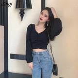 Women Solid Spring New Arrival Retro Puff Sleeve Tunic Crop Top Elegant Sexy Bodycon Long Sleeve Shirt Korean Lady