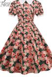 Women Vintage Dress Floral Print Peter pan Collar Elegant Party Dress Puff Short Sleeve Pin Up 50s Party Sundress