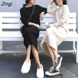 Sleeve Dress Women Knitted Autumn Solid Loose Elegant O-neck Korean Style All-match Chic Fashion Vestido Femme Mid Calf