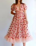 Vintage Style Sequin Strawberry Mesh Pleated Maxi