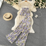 Women Summer Maxi Print Pants Suits New Sleeveless Strap Tops Female Casual Chiffon Two Pieces Sets Beach