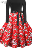 Women Christmas Dress Vintage Robe Swing Elegant Party Xmas Long Sleeve Casual Print Black New Year