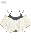Shirt Vests Two-piece Set Women Frill Cute Short Sleeve O Neck Crop Top Harajuku Y2k Casual Tee Women Summer Chic Retro