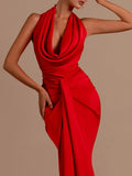 2025 New Fashion Sexy Hanging Neck To Bare Back To The Waist Thin Design Red Long Dress Women's