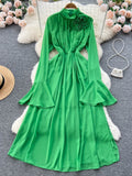 Vintage Purple/Green/Orange Long Dress Women Elegant Stand Collar Flare Sleeve High Waist A-Line Slim Tie Flower