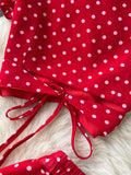 Women Polka Dot Chiffon Two Piece Set Vintage V-Neck Bandage Short Tops + High Waist Mermaid Skirt 2Pcs Suits New