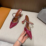 Summer New Pointed Toe Rhinestone Sequined Stiletto Slippers Leopard Print Baotou Half Drag