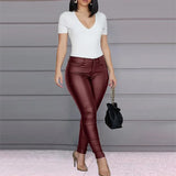 Women's Pants Solid Color PU Leather Pants Sexy Small Foot Pants Spicy Trousers High Waist