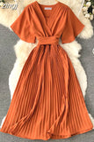 Women Purple/Red/Green Bandage Pleated Midi Dress Female Vintage V-Neck Short Sleeve High Waist A-Line Draped