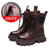 Layer Of Cowhide Autumn And Winter Plus Velvet Warm New Baibian Cake Bottom Cylinder Zipper Locomotive Boots Martin Boots
