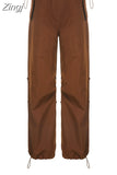 Streetwear Oversize Drawstring Cargos Parachute Pants Low Waist Sweatpants Shirring Hip Hop Baggy Trousers Tech