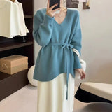 Goods V-Neck Belt Long Sheep Velvet Women Autumn And Winter Loose Knitted Wool Inside The Bottom