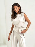 Faitry Face Solid-Colored Collared Folded Fork Vest Top Broad Leg Trousers Set
