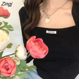 Sleeve T-shirts Women New Arrive Design Cropped Autumn Sexy Square Collar Solid Simple Inside All Match Ulzzang Daily